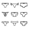 Set of vector linear icons of female panties in flat style isolated on white background. Outline illustration of woman underwear Royalty Free Stock Photo