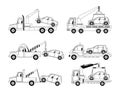 Set Of Vector Linear Icons Of Tow Trucks Haul Away Cars From Improper Parking To The Penalty Area, Parking Regulations