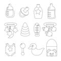 A set of vector linear images of items for children, newborns or babies feeding bottle, pacifier, shampoo, mobile .
