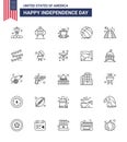 Set of 25 Vector Lines on 4th July USA Independence Day such as building; usa; holiday; american; football