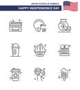 Set of 9 Vector Lines on 4th July USA Independence Day such as cake; muffin; money; american; limonade