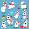 Set of vector llamas in Christmas red hat.