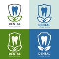 Set of vector logo icons design. Tooth, shield and green leaves