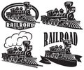Set of vector logo in vintage style with locomotives. Emblems, labels, badges or patterns on a retro railroad theme Royalty Free Stock Photo