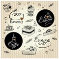 Set of logos and illustrations on the theme of baking, sweets and coffee