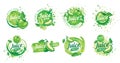 Set of vector logos splashing green Apple juice on white background