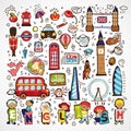 Set of Vector London Icons. Hand drawn England doodle icon. Famous architectural monuments, sign, symbols, icons