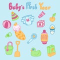 Set of vector lovely editable hand drawn objects for baby care