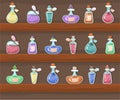 A set of vector magic bottles and flasks. Colorful magic potions. Cartoon cliparts, symbols