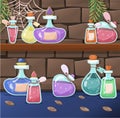 A set of vector magic bottles and flasks. Colorful magic potions. Cartoon cliparts, symbols