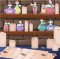 A set of vector magic bottles and flasks. Colorful magic potions. Cartoon cliparts, symbols