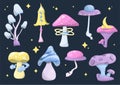 Set of vector magic mushrooms. Space cartoon mushrooms. Colorful illustrations of space with flying saucers, planets and Royalty Free Stock Photo