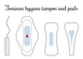 Set of vector menstruation sanitary pads and tampon. Hygiene protection for woman critical days. Isolated on the white background.