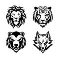 Set of vector minimalistic animal heads for logotypes, emblems, tattoos, isolated on white background. Lion, Tiger, Bear, Volf.