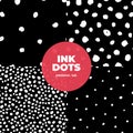 Set of vector monochrome abstract dot seamless pattern. White irregular grunge hand drawn dots isolated on black background.