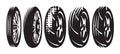 Set of vector monochrome templates of various motorcycle wheels Royalty Free Stock Photo