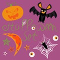 Set of vector objects for halloween. Bat, pumpkin, moon, stars, eyeballs, spider, cobweb, halloween word. Isolated Royalty Free Stock Photo