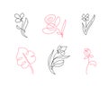 Set of vector one line flowers line art. Minimalist contour drawing. One line artwork