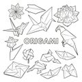 set of vector origami illustrations, linear hand drawing Royalty Free Stock Photo