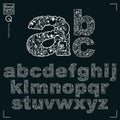 Set of vector ornate lowercase letters, flower-patterned typescript. Black and white characters created using herbal texture.