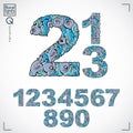 Set of vector ornate numbers, flower-patterned numeration. Blue