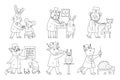 Set of vector outline animal doctors treating patients. Cute funny characters. Medicine coloring page for children. Hospital