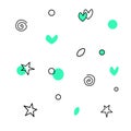 Set of vector outline colorful stars hearts points circles rounds rings spirals helixes isolated on white background. Collection