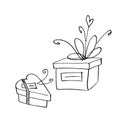 Set of Vector outline hand drawn images of gift boxes in Doodle style. Festive design element for Christmas, Valentines day, Royalty Free Stock Photo