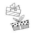 Set of Vector outline hand drawn images of gift boxes in Doodle style. Festive design element for Christmas, Valentines day, Royalty Free Stock Photo