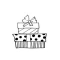Set of Vector outline hand drawn images of gift boxes in Doodle style. Festive design element for Christmas, Valentines day, Royalty Free Stock Photo