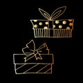 Set of Vector outline hand drawn images of gift boxes in Doodle style. Festive design element for holiday Royalty Free Stock Photo