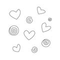 Set of vector outline hearts and spirals, helixes isolated on white background. Collection elements of design