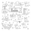 Set of vector outline illustrations. Cats and accessories. Toys,beds, scratching posts