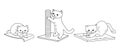 Set of vector outline illustrations. Cats and scratching posts