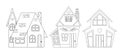 Set of vector outline illustrations of country houses. Collection of contour cute rural buildings