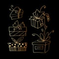 Set of Vector outline images of gift boxes. Festive design element for Christmas, Valentines day, birthday, holidays Royalty Free Stock Photo