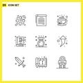 Set of 9 Vector Outlines on Grid for law book, gavel, cup, book, tea Royalty Free Stock Photo