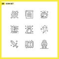 Set of 9 Vector Outlines on Grid for law book, gavel, cup, book, tea