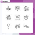 Set of 9 Vector Outlines on Grid for seo, internet, cart, globe, education