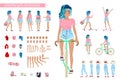 Animate woman character. Young lady personage constructor. Different postures, hairstyle, face, legs, hands, clothes, accessories