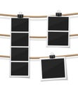 Set of vector photobooth and photos hanged on rope. Realistic retro style instant fotos with thread. Remember the moment