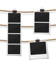 Set of vector photobooth and photos hanged on rope. Realistic retro style instant fotos with thread. Remember the