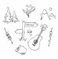Set of vector pictures on the theme of camping. Doodle style. Suitable for postcards, for backgrounds, flyers, decorations, Royalty Free Stock Photo