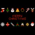 Set of vector pixel art christmas icons. Santa, star, candy, deer, snowflake in 8-bit