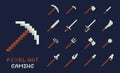 Set of vector pixel art tools icons. Axe, pick, sword, hoe, lance, knife - game design inventory illustration Royalty Free Stock Photo