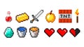 Set of vector pixel objects. Objects for a pixel game. Vector illustration. Gold bar, dynamite, diamond, sword, torch