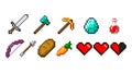 Set of vector pixel objects. Objects for a pixel game. Vector illustration. Potion bottles, diamond, sword, torch, food
