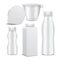 Set of vector plastic bottle and round white glossy plastic pot for dairy products. For milk, drink yogurt, cream