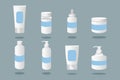 Set vector plastic containers. Bottles with spray, dispenser and dropper, cream jar, tube. Mock-up of cosmetic package Royalty Free Stock Photo