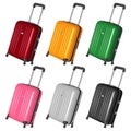 Set of vector plastic suitcases on castors with retractable handles